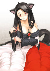 Rule 34 | 1girl, animal ears, arm hair, bare shoulders, black hair, blush, breasts, brooch, chest hair, cleavage, collarbone, dress, fingernails, fur, gradient background, head tilt, hissatsukun, imaizumi kagerou, jewelry, large breasts, long fingernails, long hair, looking at viewer, multicolored clothes, multicolored dress, nail polish, off-shoulder dress, off shoulder, red eyes, red nails, sidelocks, sitting, smile, solo, tareme, touhou, wolf ears