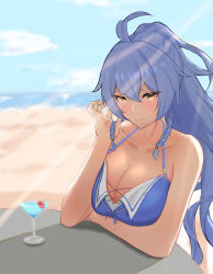 Rule 34 | 1girl, absurdres, ahoge, alcohol, arm under breasts, bare shoulders, beach, blue sky, blush, braid, breasts, cherry, cleavage, closed mouth, cloud, cocktail glass, cup, drinking glass, food, fruit, granblue fantasy, hair between eyes, halterneck, high ponytail, highres, imocy, large breasts, light purple hair, long hair, ocean, sand, shore, sidelocks, silva (granblue fantasy), sky, solo, table, twin braids, yellow eyes