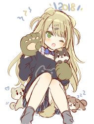 Rule 34 | 1girl, 2018, ;o, animal, animal ears, animal hands, bad id, bad pixiv id, black shirt, blonde hair, blue bow, blue bowtie, blush, bone hair ornament, bow, bowtie, chinese zodiac, closed eyes, colored eyelashes, dog, dog ears, dog girl, dog tail, fang, gloves, green eyes, grey socks, hair between eyes, hair ornament, hairclip, highres, leaning to the side, long hair, long sleeves, mafuyu (chibi21), one eye closed, original, paw gloves, shirt, short shorts, shorts, sketch, sleeping, socks, solo, striped clothes, striped shorts, tail, very long hair, white background, year of the dog, zzz