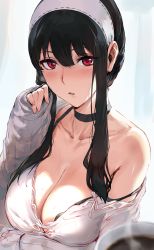 Rule 34 | 1girl, :o, absurdres, black choker, black hair, blurry, blush, bra, bra peek, breasts, choker, cleavage, coffee cup, collarbone, cup, depth of field, disposable cup, hair between eyes, hairband, hand up, hews, highres, large breasts, long hair, long sleeves, looking at viewer, mature female, parted lips, red eyes, sidelocks, single bare shoulder, sleeves past wrists, solo, spy x family, strap slip, sweat, underwear, upper body, white hairband, yor briar