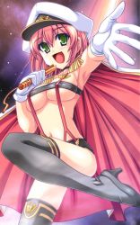 Rule 34 | 1girl, :d, absurdres, akaza, bandeau, black thighhighs, breasts, cape, cleavage, cosplay, covered erect nipples, gloves, green eyes, hat, high heels, highres, leg up, legs, looking at viewer, macross, macross frontier, medium breasts, microphone, open mouth, outstretched arm, peaked cap, pink hair, sheryl nome, sheryl nome (cosplay), shoes, short shorts, shorts, smile, spread fingers, standing, standing on one leg, suspenders, thighhighs, thighs, underboob, white gloves