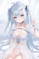Rule 34 | 1girl, black choker, blue eyes, breasts, center opening, choker, detached sleeves, frills, grey hair, halo, hand up, indie virtual youtuber, kanora, long hair, looking at viewer, nail polish, navel, panties, parted lips, revealing clothes, short sleeves, small breasts, solo, stomach, two side up, underwear, very long hair, virtual youtuber, white panties, yuha uyu