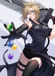 Rule 34 | 1girl, :o, belt, black gloves, black thighhighs, blonde hair, breasts, chest strap, cloud strife, dropping, eyelashes, final fantasy, final fantasy vii, final fantasy vii advent children, furofuki daikon, fusion swords, genderswap, genderswap (mtf), gloves, high collar, highres, holding, holding sword, holding weapon, materia, open mouth, shirt, shoulder strap, signature, single thighhigh, sleeveless, spiked hair, sword, thigh belt, thigh strap, thighhighs, weapon, zipper