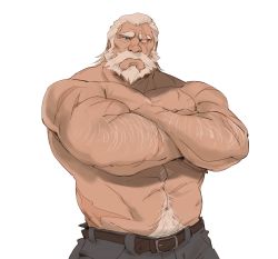 Rule 34 | 1boy, abs, absurdres, bara, beard, blind, cowboy shot, crossed arms, denim, facial hair, highres, jeans, looking at viewer, male focus, mature male, muscular, muscular male, mustache, navel, navel hair, nipples, old, old man, overwatch, overwatch 1, pants, pectorals, reinhardt (overwatch), ross (doodlrenzo), scar, scar across eye, scar on arm, scar on face, short hair, solo, stomach, topless male, white background, white hair