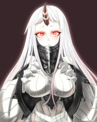 Rule 34 | 10s, 1girl, abyssal ship, bare shoulders, blush, breasts, claws, detached sleeves, glowing, glowing eyes, highres, horns, kantai collection, karaage (ta-na), large breasts, long hair, looking at viewer, pale skin, red eyes, seaport princess, sideboob, single horn, solo, very long hair, white hair
