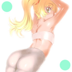 Rule 34 | 1girl, armpits, arms up, ass, back, bandeau, blonde hair, green eyes, long hair, midriff, pantyhose, ponytail, seki suzume, solo, strapless, tube top
