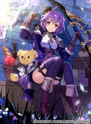 Rule 34 | 1girl, apple, arrow (projectile), bag, bernadetta von varley, black thighhighs, boots, bottle, bow (weapon), box, bread, breasts, commentary request, copyright notice, fire emblem, fire emblem: three houses, fire emblem cipher, food, fruit, grey eyes, hat, head tilt, holding, holding arrow, holding bow (weapon), holding weapon, looking at viewer, mini hat, nintendo, on box, purple footwear, purple hair, purple shirt, quiver, shirt, short hair, sitting, small breasts, smile, solo, stuffed animal, stuffed toy, teddy bear, thigh strap, thighhighs, tilted headwear, tobi (kotetsu), weapon