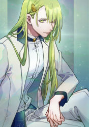 Rule 34 | 1other, alternate costume, ambiguous gender, androgynous, bow, bowtie, crossed legs, enkidu (fate), fate/grand order, fate (series), feet out of frame, fly off (fate), formal, gradient background, green background, green eyes, green hair, hair ornament, hairclip, highres, kuzen, long hair, sitting, smile, solo, suit, very long hair, white suit