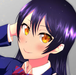 Rule 34 | 1girl, artist name, artist request, blue cardigan, blue hair, blue jacket, blush, bow, bowtie, breasts, buttons, cardigan, close-up, collared shirt, female focus, grey background, hair between eyes, jacket, long hair, long sleeves, looking at viewer, love live!, love live! school idol project, orange eyes, otonokizaka school uniform, parted lips, red bow, school uniform, shirt, smile, solo, sonoda umi, sparkle, striped, striped bow, upper body, white shirt, wing collar, yellow eyes