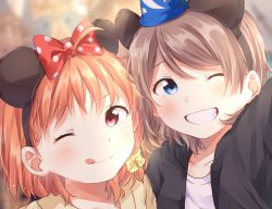 Rule 34 | 2girls, ;q, ahoge, bad id, bad twitter id, black jacket, blue eyes, blue headwear, blurry, blurry background, blush, bow, brown hair, commentary request, disneyland, grey hair, grin, hair bow, highres, jacket, looking at viewer, love live!, love live! sunshine!!, makura (makura0128), mickey mouse ears, multiple girls, one eye closed, orange hair, polka dot, polka dot bow, portrait, red bow, red eyes, selfie, shirt, short hair, smile, takami chika, tongue, tongue out, watanabe you, white shirt, yellow bow