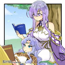 Rule 34 | 2girls, bare shoulders, blue eyes, book, breasts, circlet, fire emblem, fire emblem: genealogy of the holy war, fire emblem: thracia 776, holding, holding book, julia (fire emblem), lap pillow, large breasts, long hair, medium breasts, multiple girls, nintendo, purple eyes, purple hair, reading, sara (fire emblem), small breasts, tree, yukia (firstaid0)