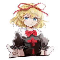 Rule 34 | 1girl, blonde hair, blue eyes, bow, bowtie, cropped torso, hair ribbon, looking at viewer, medicine melancholy, parted lips, red bow, red bowtie, red ribbon, ribbon, short hair, short sleeves, simple background, solo, tama (hiroshige 36), touhou, white background