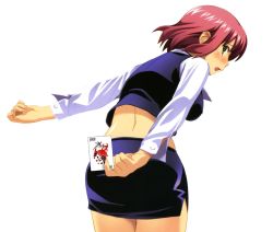 Rule 34 | 1girl, blush, card, croupier, green eyes, holding, holding card, open mouth, red hair, rio rollins, short hair, solo, super blackjack