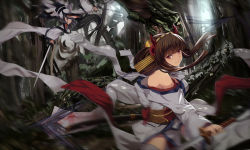 Rule 34 | 2girls, bare shoulders, black hair, blue eyes, brown hair, fighting, forest, hair ornament, japanese clothes, long hair, looking to the side, motion blur, multiple girls, nature, obi, plant, red eyes, sash, sheath, tree, white crow