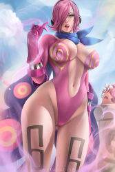 Rule 34 | 1girl, adapted costume, bare legs, blue background, blue sky, blush, breasts, curvy, den den mushi, headphones, highleg, highleg leotard, highres, large breasts, leotard, looking at viewer, one piece, pink hair, pink leotard, poison, sky, tagme, tattoo, tongue, tongue out, vinsmoke reiju, wide hips, wtparadise