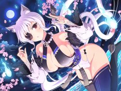 Rule 34 | alternate hairstyle, animal ears, arm tattoo, bell, breasts, cat ears, cat tail, cherry blossoms, cleavage, curse seal, detached sleeves, eyepatch, floral print, full moon, high heels, highres, jewelry, jingle bell, lake, large breasts, leg up, leotard, long hair, moon, mountainous horizon, multiple tails, neck bell, necklace, nekomata, night, night sky, official art, open mouth, pearl necklace, pink petals, ponytail, red eyes, senran kagura, senran kagura new link, sideboob, sky, tail, tattoo, thighhighs, two tails, water, white hair, yagyu (senran kagura)