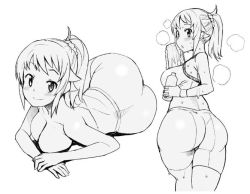 Rule 34 | 1girl, ass, bad id, bad twitter id, bike shorts, breasts, check commentary, cleavage, closed mouth, commentary request, greyscale, gundam, gundam build fighters, gundam build fighters try, hoshino fumina, large breasts, looking at viewer, medium hair, monochrome, open mouth, simple background, smile, solo, sports bra, tamagoroo, topless, white background