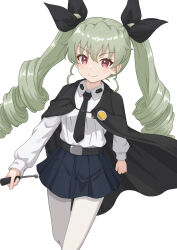 Rule 34 | 1girl, absurdres, anchovy (girls und panzer), anzio school uniform, belt, black belt, black cape, black necktie, black ribbon, blue skirt, cape, closed mouth, commentary, cowboy shot, dress shirt, drill hair, girls und panzer, green hair, hair ribbon, highres, holding, holding riding crop, long hair, long sleeves, looking at viewer, miniskirt, necktie, pantyhose, pleated skirt, qgkmn541, red eyes, ribbon, riding crop, school uniform, shirt, simple background, skirt, smile, solo, standing, twin drills, twintails, white background, white pantyhose, white shirt, wing collar