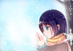 Rule 34 | 1girl, black hair, blue eyes, breath, coat, from side, hands up, long hair, long sleeves, open mouth, original, own hands together, scarf, snowflakes, snowing, solo, striped clothes, striped scarf, tree, upper body, yan (nicknikg), yellow scarf