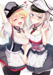 Rule 34 | 10s, 2girls, :d, :o, ^ ^, adapted costume, apron, arm up, bad id, bad twitter id, black legwear, blonde hair, blue eyes, breast press, breasts, cleavage, closed eyes, corset, detached collar, dirndl, closed eyes, german clothes, graf zeppelin (kancolle), holding hands, happy, hat, heart, igayan, interlocked fingers, kantai collection, large breasts, long hair, low twintails, multiple girls, open mouth, pantyhose, peaked cap, prinz eugen (kancolle), smile, spiral, symmetrical docking, thighhighs, tongue, tongue out, twintails, underbust, waist apron