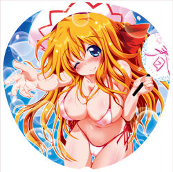Rule 34 | 1girl, bad id, bad pixiv id, bikini, blonde hair, blue eyes, breasts, covered erect nipples, hand fan, large breasts, lily white, long hair, rei kazami, smile, solo, swimsuit, touhou, very long hair, wink