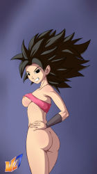 Rule 34 | 10s, 1girl, armband, ass, back, black eyes, black hair, bottomless, breasts, caulifla, dragon ball, dragon ball super, grin, hand on own hip, highres, hip focus, looking at viewer, nipples, nl7, smile, solo, spiked hair, teeth, thighs, underboob
