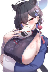 1girl animal_ear_fluff animal_ears areola_slip arm_under_breasts black_hair blue_archive blue_halo blue_jacket blush breasts china_dress chinese_clothes colored_inner_hair commentary_request dress extra_ears eyeshadow hair_between_eyes hair_bun hair_ornament halo haori highres holding holding_mask jacket japanese_clothes kaguya_(blue_archive) large_breasts laxiusart long_sleeves looking_at_viewer makeup mask mixed-language_commentary multicolored_hair purple_hair red_eyeshadow revision short_hair sideboob sideless_outfit simple_background single_hair_bun smile solo squinting sweat white_background yellow_eyes