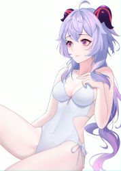 Rule 34 | 1girl, absurdres, ahoge, bare arms, bare shoulders, breasts, cleavage, covered navel, dintea, ganyu (genshin impact), genshin impact, goat horns, hand on own chest, highres, horns, long hair, looking away, low ponytail, medium breasts, one-piece swimsuit, purple eyes, purple hair, sideless outfit, simple background, solo, swimsuit, thighs, very long hair, white background, white one-piece swimsuit