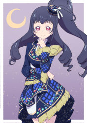Rule 34 | 1girl, black dress, black hair, border, cbgb, closed mouth, cowboy shot, crescent, dress, hand up, hat, kagayaki eve, kiratto pri chan, long hair, long sleeves, looking at viewer, mini hat, outside border, pretty series, purple background, red eyes, ringlets, smile, solo, standing, very long hair, white border