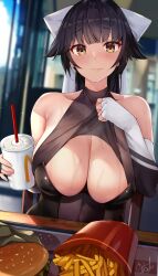 Rule 34 | 1girl, absurdres, azur lane, bare shoulders, black hair, black leotard, blunt bangs, blurry, blurry background, blush, bow, breasts, burger, chair, cleavage, clothes lift, collarbone, commentary request, elbow gloves, fast food, food, french fries, gloves, hair bow, highres, indoors, large breasts, leotard, lifting own clothes, long hair, looking at viewer, mcdonald&#039;s, ponytail, pov across table, race queen, signature, sitting, solo, strapless, strapless leotard, table, takao (azur lane), takao (full throttle charmer) (azur lane), tray, u ronnta, upper body, very long hair, wet, white bow, white gloves, yellow eyes