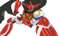 Rule 34 | armor, black cape, cape, colorized, getter-1, getter rays, getter robo, getter robo anthology - shinka no ishi, glowing, glowing eyes, green eyes, mecha, multicolored armor, red armor, robot, stoner sunshine, white armor, white background