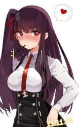 Rule 34 | 1girl, black skirt, blush, breasts, collared shirt, commentary, dated, food, girls&#039; frontline, hair ribbon, half updo, heart, high-waist skirt, hoshi usagi, large breasts, long hair, long sleeves, looking at viewer, mouth hold, necktie, one side up, pantyhose, pocky, pocky kiss, purple hair, red eyes, red necktie, ribbon, shared food, shirt, simple background, skirt, solo, spoken heart, striped clothes, striped shirt, very long hair, wa2000 (girls&#039; frontline), white background