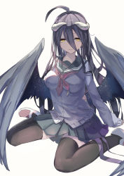 Rule 34 | 1girl, albedo (overlord), alternate costume, black hair, breasts, cosplay, demon girl, highres, horns, long hair, looking at viewer, medium breasts, overlord (maruyama), parody, school uniform, serafuku, simple background, sitting, smile, solo, thighhighs, wariza, wings, yellow eyes, zzzzxxx2010nian