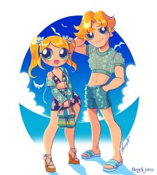 Rule 34 | 1boy, 1girl, bag, bikini, bird, blonde hair, blue eyes, blue footwear, blue shorts, boomer (ppg), bubbles (ppg), cloud, covered erect nipples, egitojuniior, floral print, flying, full body, height difference, highres, holding, holding bag, looking at viewer, looking to the side, navel, nipples, powerpuff girls, sandals, seagull, shorts, signature, simple background, skirt, smile, standing, swimsuit, thick lips, twintails