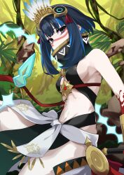 Rule 34 | 1girl, absurdres, black eyes, black hair, blue hair, breasts, colored inner hair, facial mark, fate/grand order, fate (series), headdress, high collar, highres, itame moyashi, jungle, multicolored hair, nature, navel, sash, small breasts, tenochtitlan (fate), tenochtitlan (first ascension) (fate), whip