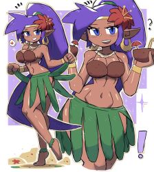 Rule 34 | !, 1girl, ?, barefoot, beach, blue eyes, blush, bra, bracelet, breasts, cleavage, cocktail umbrella, coconut, coconut bra, coconut cup, collarbone, dark-skinned female, dark skin, drinking straw, earrings, flower, grass skirt, grin, hair flower, hair ornament, highres, holding, jewelry, large breasts, long hair, looking at viewer, multiple views, navel, open mouth, pointy ears, ponytail, purple hair, sand, shantae, shantae (series), shantae and the seven sirens, smile, sparkle, speech bubble, spoken flower, standing, teeth, tiara, tony welt, underwear, very long hair, white background, wide hips
