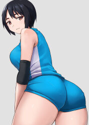 Rule 34 | 1girl, ass, asymmetrical bangs, black hair, breasts, brown eyes, closed mouth, commentary request, elbow sleeve, from behind, grey background, gym shorts, hashi, jersey, leaning forward, looking at viewer, looking back, medium breasts, original, panties under shorts, pantylines, shirt, short hair, short shorts, shorts, simple background, single vertical stripe, sleeveless, sleeveless shirt, smile, solo, sportswear, standing, thighs, volleyball uniform