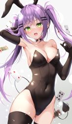 Rule 34 | 1girl, absurdres, animal ears, black gloves, black leotard, black thighhighs, blush, breasts, card, choker, cleavage, covered navel, cowboy shot, ear piercing, earrings, elbow gloves, fang, gloves, green eyes, hair ornament, hairclip, hand in own hair, highres, hololive, jewelry, leotard, long hair, medium breasts, open mouth, piercing, playboy bunny, playing card, purple hair, rabbit ears, solo, sweat, teeth, thighhighs, tokoyami towa, twintails, upper teeth only, utekiro, very long hair, virtual youtuber