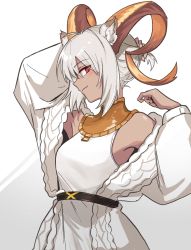 Rule 34 | 1girl, animal ears, arknights, arm behind head, bare shoulders, beeswax (arknights), beeswax (arknights) (cosplay), beeswax (weisser sand) (arknights), beeswax (weisser sand) (arknights) (cosplay), belt, black belt, cardigan, carnelian (arknights), chinese commentary, commentary, cosplay, dark-skinned female, dark skin, dress, goat ears, goat girl, goat horns, highres, holding, holding hair, horns, looking at viewer, mabing, official alternate costume, open cardigan, open clothes, red eyes, short hair, sideways glance, simple background, smile, solo, upper body, white background, white cardigan, white dress, white hair