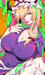 Rule 34 | 1girl, alternate costume, blonde hair, breasts, button gap, cleavage, commentary, hair ornament, hat, highres, holding, holding syringe, kirisita, large breasts, lipstick, long hair, looking at viewer, makeup, mob cap, orange background, parted lips, purple shirt, red lips, shirt, solo, stained clothes, syringe, touhou, upper body, white hat, yakumo yukari, yellow eyes