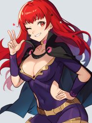 1girl belt black_bodysuit black_cape bodysuit breasts cape choker cleavage clothing_cutout collarbone commentary covered_navel english_commentary fire_emblem fire_emblem_engage floating_hair grey_background grin hair_ornament hand_on_own_hip high_collar highres kumaking long_hair medium_breasts nintendo one_eye_closed pink_choker red_eyes red_hair simple_background smile solo star_(symbol) star_hair_ornament teeth w yellow_belt yunaka_(fire_emblem)