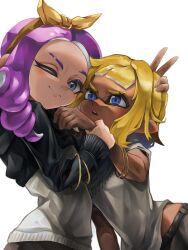 Rule 34 | 2girls, ;), annoyed, arm at side, black jacket, blonde hair, blue eyes, closed mouth, cropped jacket, dark-skinned female, dark skin, domino mask, drill hair, face-to-face, grabbing, grey eyes, hairband, hand on another&#039;s head, hand up, hands up, highres, holding another&#039;s wrist, inkling, inkling girl, inkling player character, jacket, janome (jajanome), leaning forward, long hair, long sleeves, looking at another, mask, medium hair, midriff peek, multiple girls, nintendo, octoling, octoling girl, octoling player character, one eye closed, parted lips, pointy ears, purple hair, shirt, short sleeves, side drill, simple background, smile, splatoon (series), suction cups, tentacle hair, upper body, v, white background, white shirt