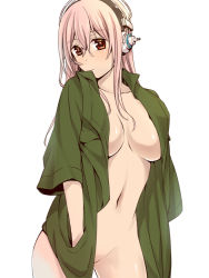 Rule 34 | 1girl, blush, bottomless, breasts, cleavage, female focus, groin, headphones, large breasts, long hair, looking at viewer, naked shirt, navel, nitroplus, no bra, no panties, open clothes, open shirt, pink hair, potato (oriha94), red eyes, shirt, solo, super sonico