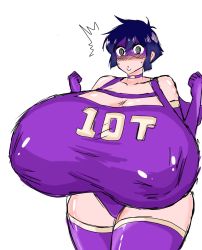 Rule 34 | 10-ton, 1girl, @ @, black eyes, blue hair, blush, boku no hero academia, breasts, cape, choker, cleavage cutout, clothes writing, clothing cutout, covered erect nipples, embarrassed, eye mask, gigantic breasts, gloves, highres, leotard, lips, long image, mask, momijizx, purple cape, purple gloves, purple leotard, purple mask, pursed lips, shiny clothes, shiny skin, sidelocks, solo, superhero costume, surprised, sweat, tall image, thighhighs, white background