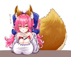 Rule 34 | 1girl, animal ear fluff, animal ears, apron, blue bow, bow, breast rest, breasts, breasts on table, cleavage, detached collar, fate/extra, fate (series), fox ears, fox girl, fox tail, hair between eyes, hair bow, highres, kappougi, large breasts, long hair, looking at viewer, pink hair, solo, split ponytail, tail, tamamo (fate), tamamo no mae (fate/extra), user wsvu7853, yellow eyes