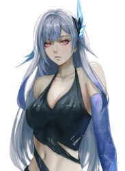 Rule 34 | 1girl, absurdres, bare shoulders, black tank top, blue gloves, breasts, cleavage, collarbone, commentary, elbow gloves, genshin impact, gloves, grey hair, hair ornament, highres, long hair, looking at viewer, luxearte, medium breasts, midriff, navel, pink eyes, skirk (genshin impact), solo, stomach, tank top, upper body, very long hair