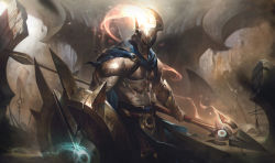 Rule 34 | 2boys, aatrox, abs, absurdres, alex flores, arm tattoo, belt, cape, clenched hand, fire, gauntlets, giant, glowing, glowing weapon, helmet, highres, horns, league of legends, loincloth, looking at viewer, looking to the side, multiple boys, muscular, muscular male, official art, pantheon (league of legends), pectorals, polearm, red eyes, sand, scar, scar on chest, scar on stomach, shield, skirt, spear, tattoo, thick arms, underpec, weapon