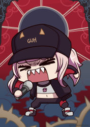 Rule 34 | &gt; &lt;, 1girl, absurdres, baseball cap, black hat, chibi, full body, hat, highres, holding, holding microphone, hololive, hololive english, jacket, microphone, midriff, mori calliope, mori calliope (streetwear), navel, official alternate costume, open clothes, open jacket, open mouth, pink hair, porko, riyo (lyomsnpmp) (style), sharp teeth, solo, teeth, twitter username, virtual youtuber