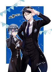 Rule 34 | 2024, 2boys, adjusting eyewear, age difference, badge, black hair, black jacket, black shirt, blue background, blue eyes, blue hair, blue necktie, book, border, buttons, ciel phantomhive, closed mouth, collared shirt, cosplay, costume switch, cross, cross necklace, dark blue hair, expressionless, glasses, gloves, halftone, hand up, height difference, highres, holding, holding book, inset border, jacket, jewelry, kuroshitsuji, looking at another, looking at viewer, male focus, multiple boys, necklace, necktie, official alternate costume, open clothes, open jacket, outline, purple eyes, round eyewear, sebastian michaelis, seto (s okome0203), shirt, signature, smile, sparkle, star (symbol), string of flags, white border, white gloves, white outline