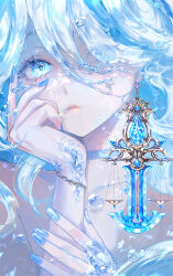 Rule 34 | 1girl, blue collar, blue eyes, blue gemstone, blue hair, blue nails, bracelet, bubble, closed mouth, collar, commentary, furina (genshin impact), gem, genshin impact, hand on own cheek, hand on own face, hand up, hyatsu, jewelry, liquid hair, looking at viewer, portrait, solo, sword, water, weapon, weighing scale